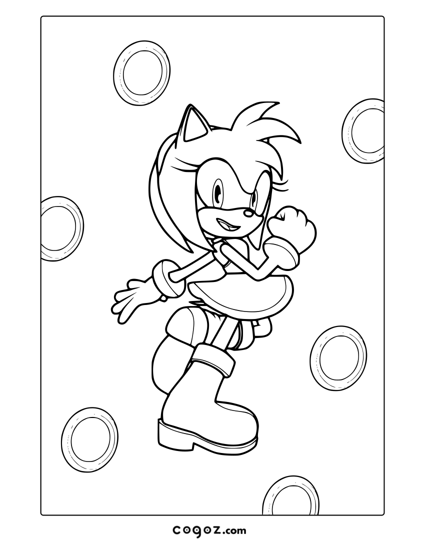 Amy Rose with rings floating in the background, hands on hips.