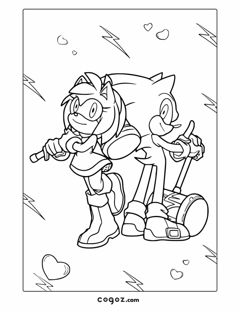Amy and Sonic standing together with heart and lightning details.