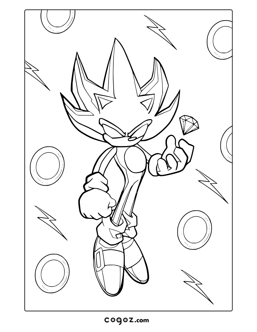 Hyper Sonic glowing with lightning and surrounded by emerald icons.


