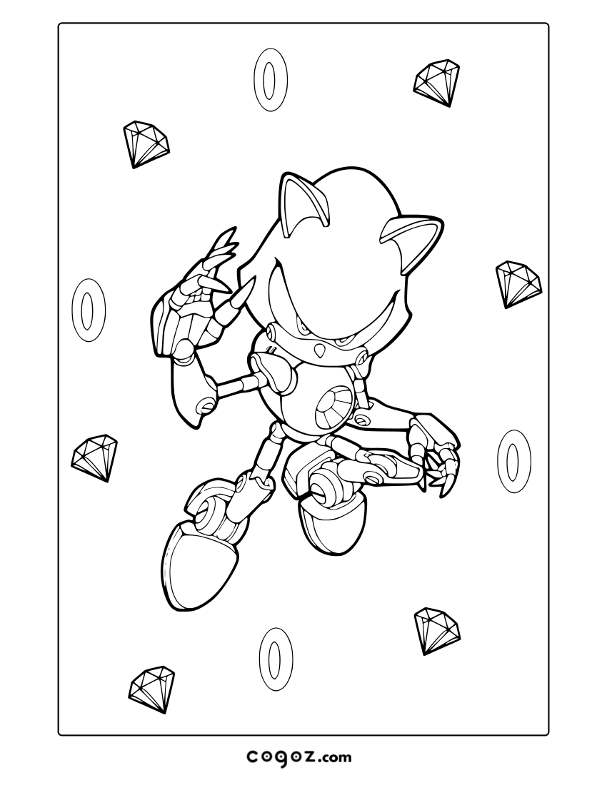 Metal Sonic in battle pose with a tech-themed background.