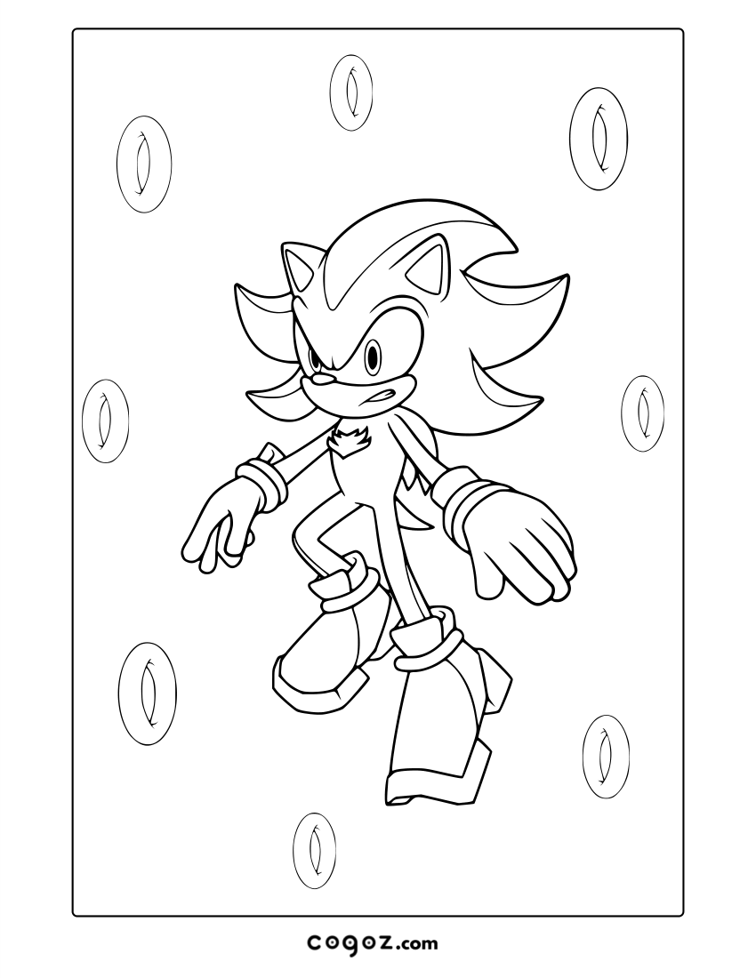 Shadow sprinting with chaos emeralds glowing behind him.