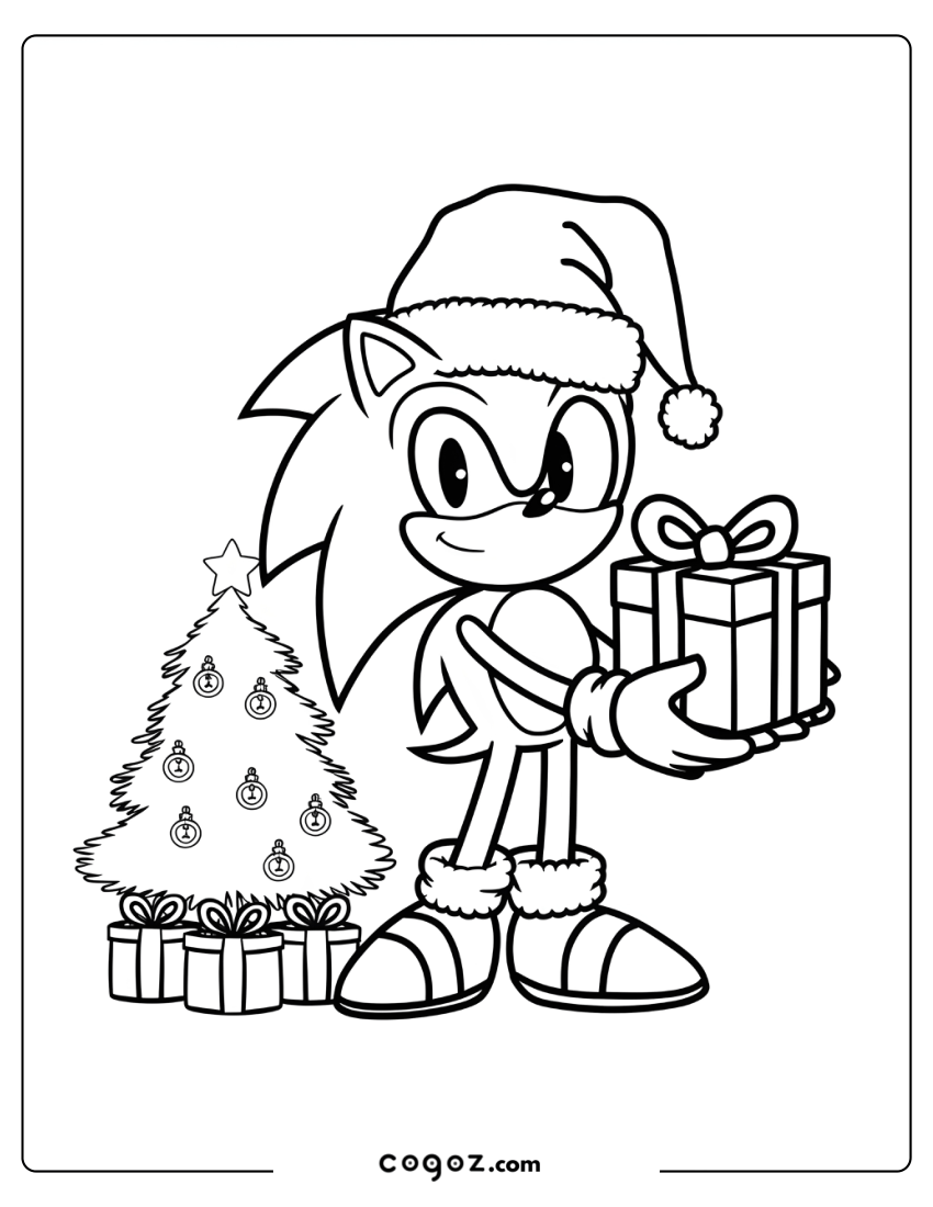 Sonic wearing a Santa hat, holding a present beside a Christmas tree.