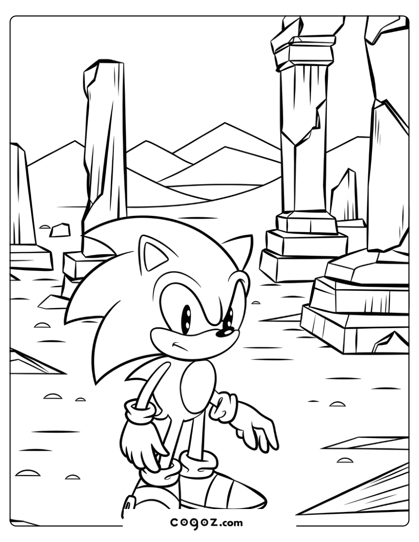 Sonic exploring a desert landscape with ruins and rocky pillars.

