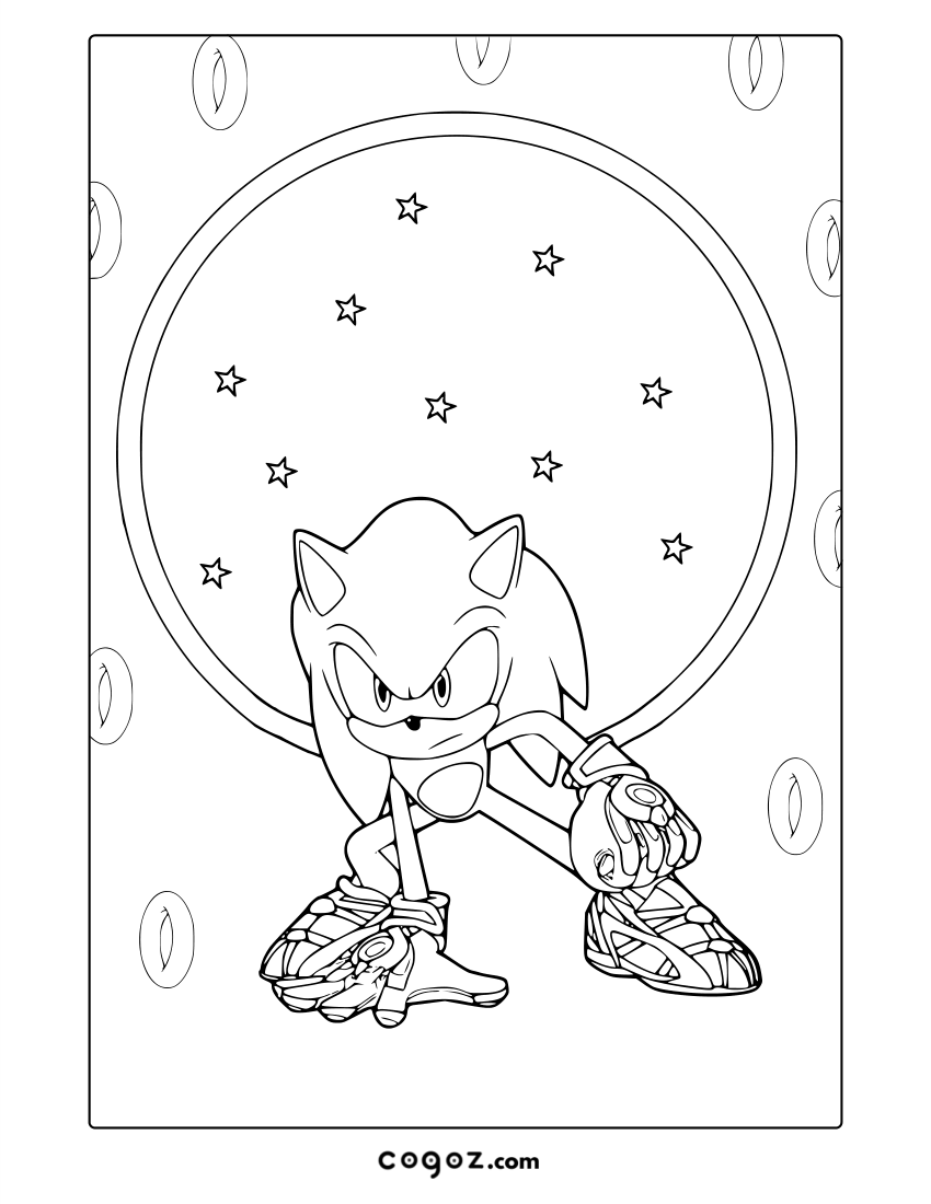 Sonic crouching in a focused pose with stars behind him.