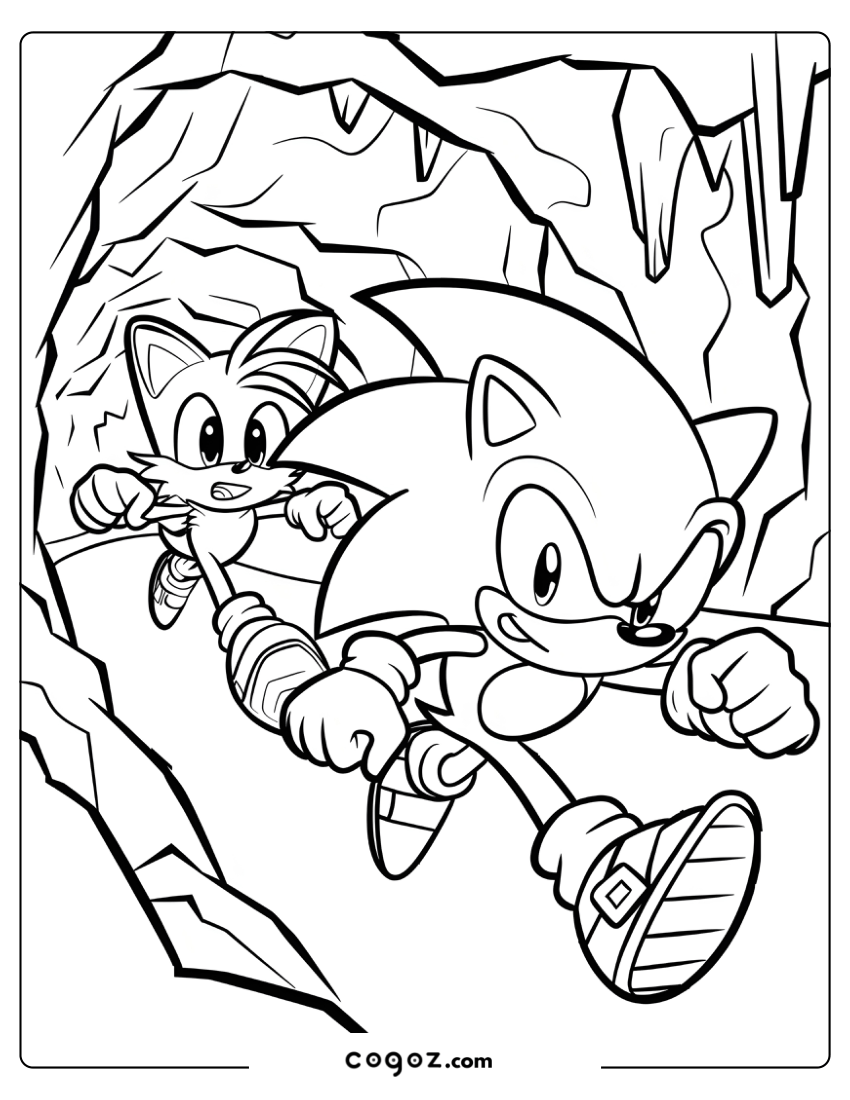 Sonic and Tails running through the eerie Mystic Cave with spikes and stalactites.