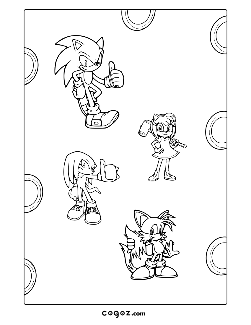 Sonic, Amy, Tails, and Knuckles jumping in a group action pose.
