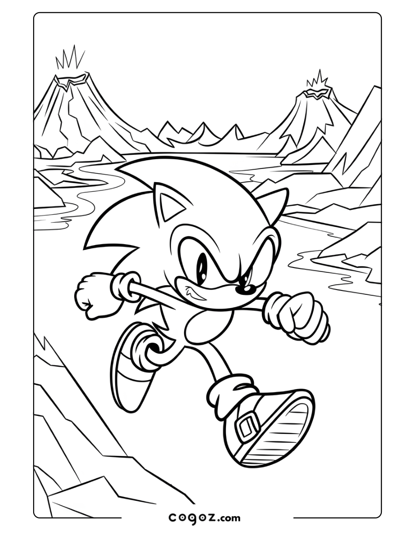 Sonic running through a fiery volcano landscape with molten peaks.