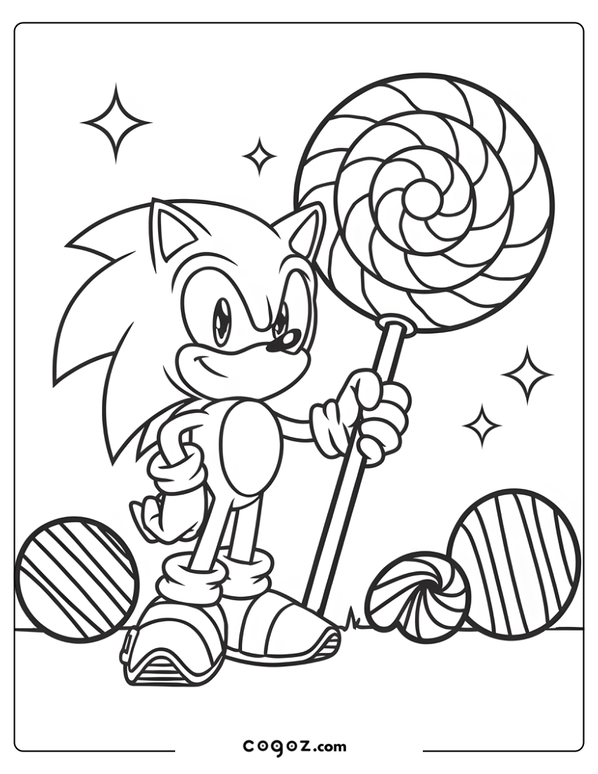 Sonic holding a giant lollipop in a candy-themed setting.