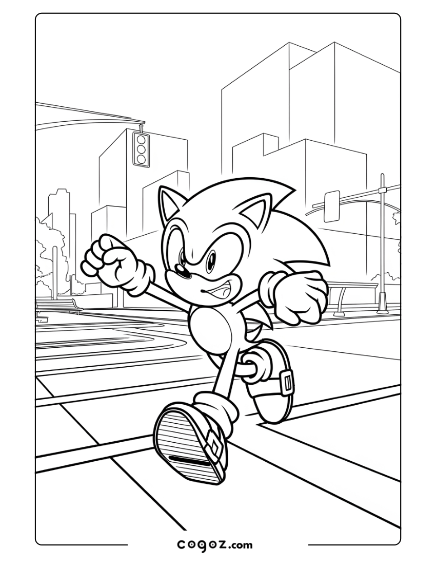 Sonic speeding through a cityscape filled with tall buildings.