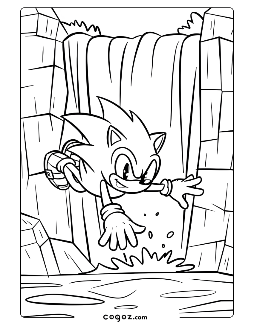 Sonic diving off a cliff beside a roaring waterfall.

