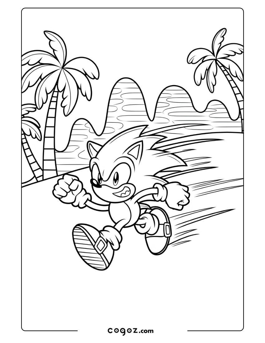 Sonic sprinting through Green Hill Zone with palm trees and hills.
