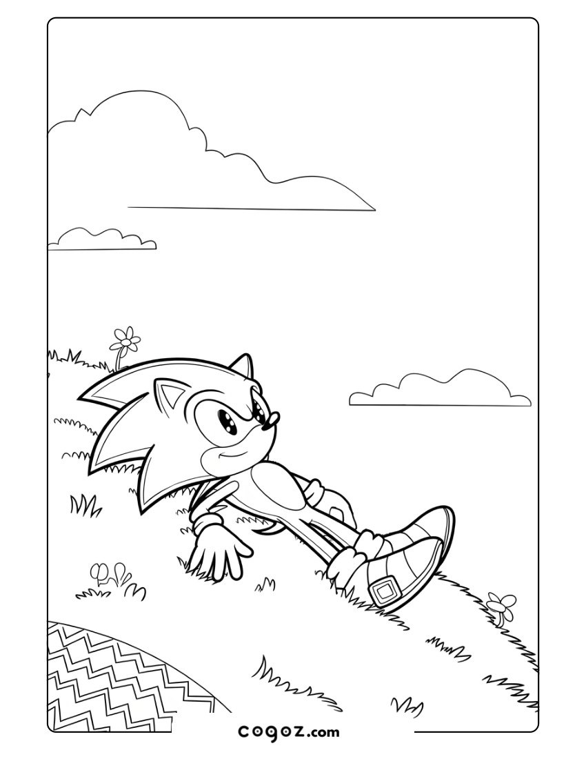 Sonic lying on a grassy hill, looking at clouds.