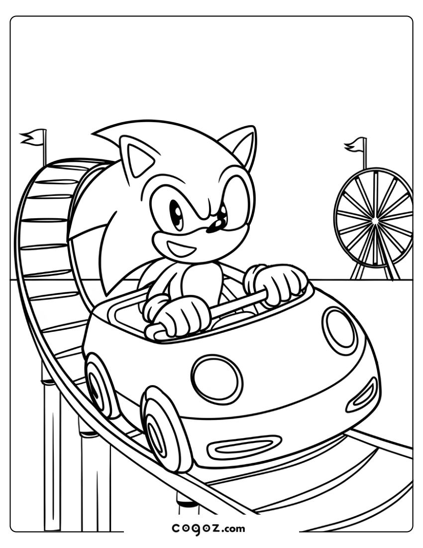 Sonic on a roller coaster with a ferris wheel in the background.

