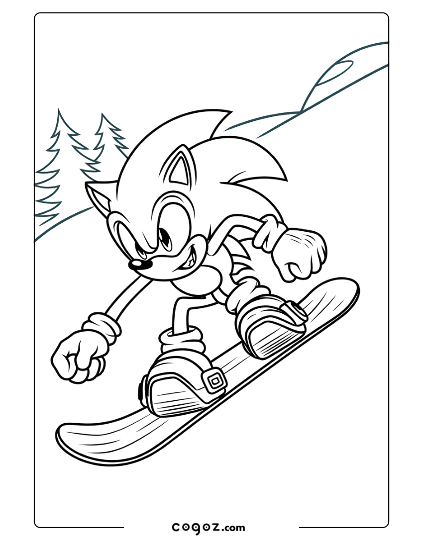 Sonic snowboarding down a snowy mountain slope with trees in the background.