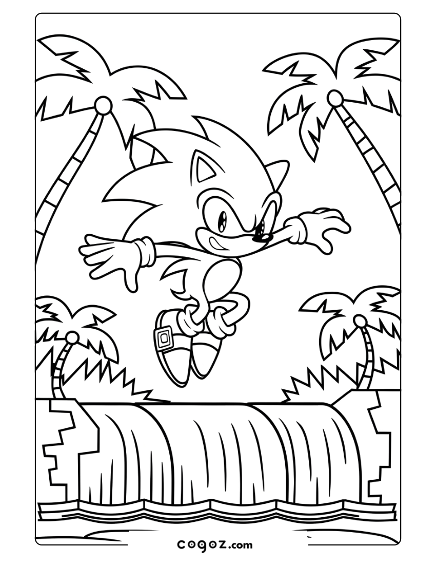 Sonic jumping mid-air over a scenic waterfall in Angel Island.

