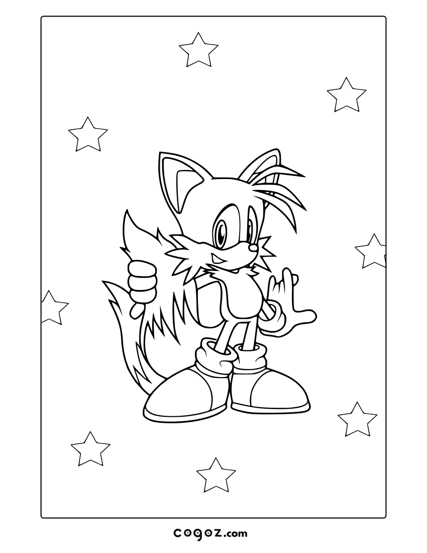 Tails smiling with stars swirling in the background.