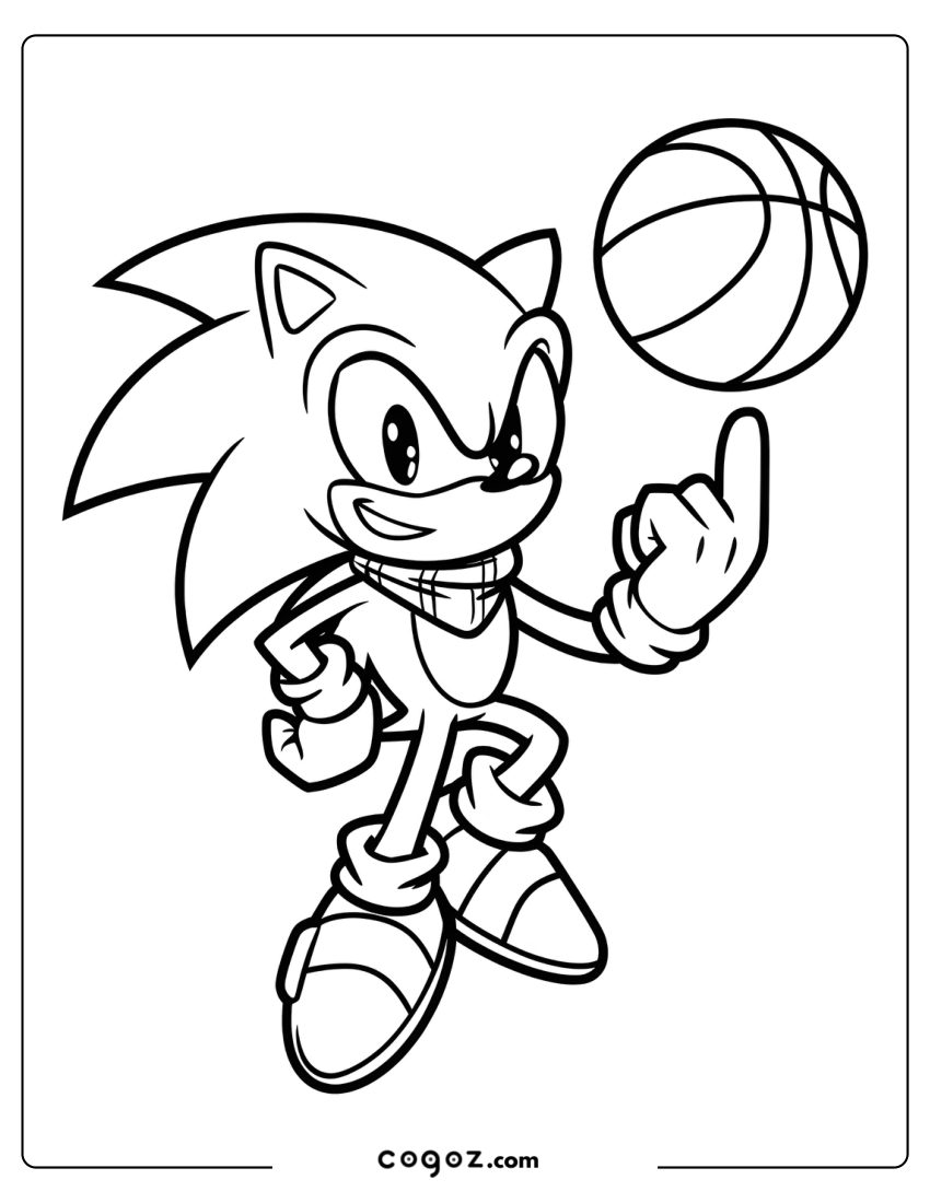 Sonic spinning on one foot while pointing at a basketball.