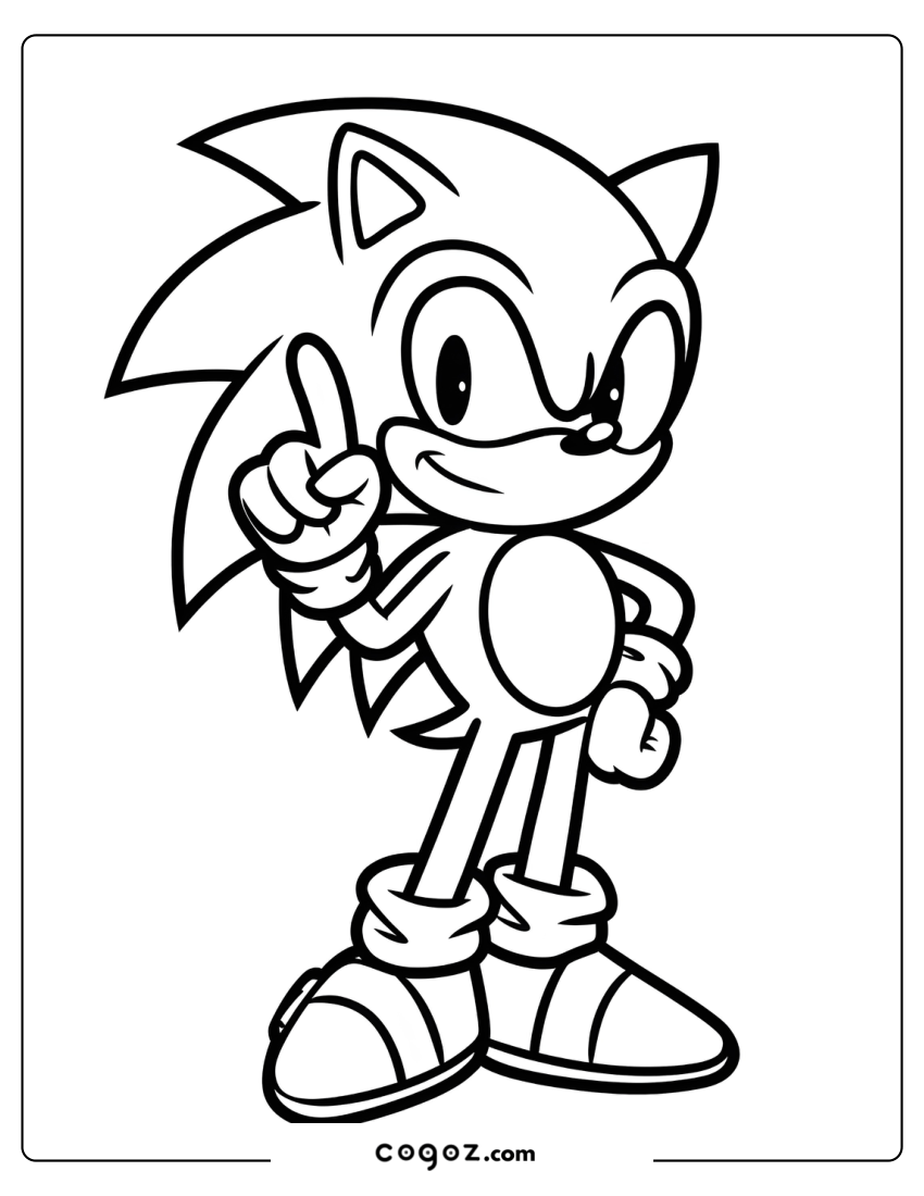 Sonic smiling adorably while pointing upward in his signature pose.