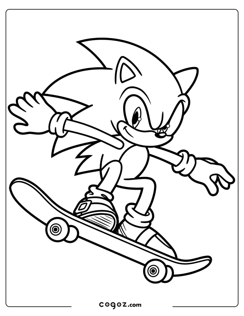 Movie Sonic balancing on a skateboard in motion.

